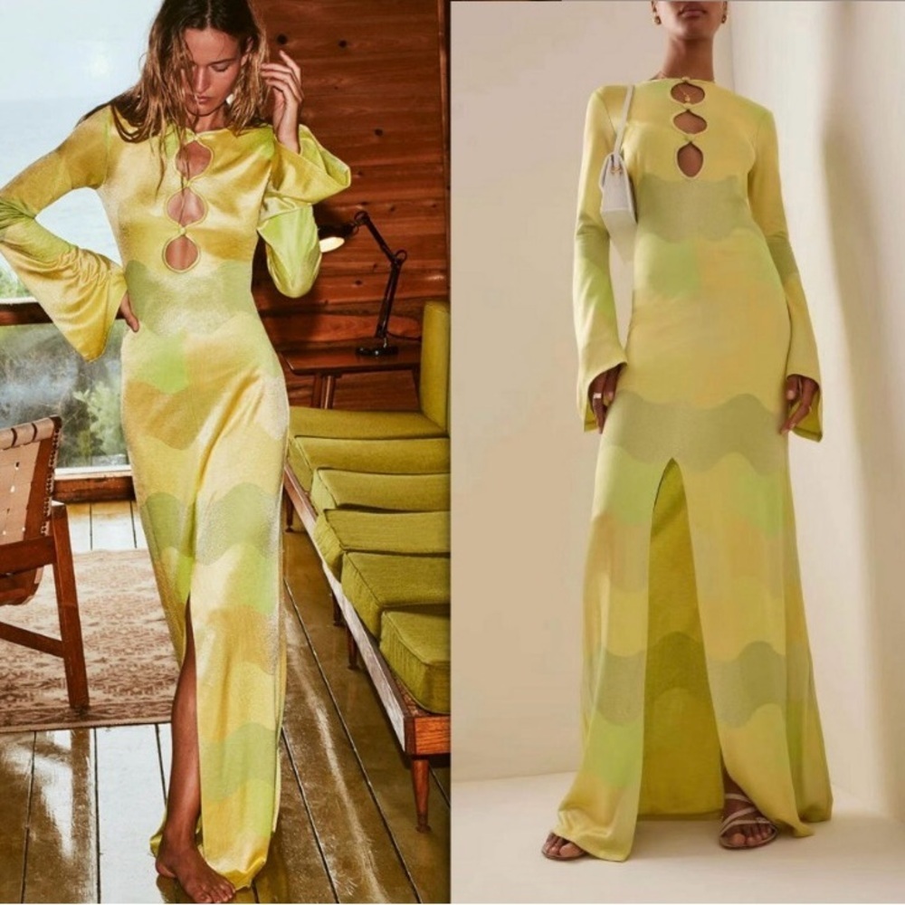 Alexis Serena Dress Lime Waves Cut out Maxi dress S XS jacquard long sleeve